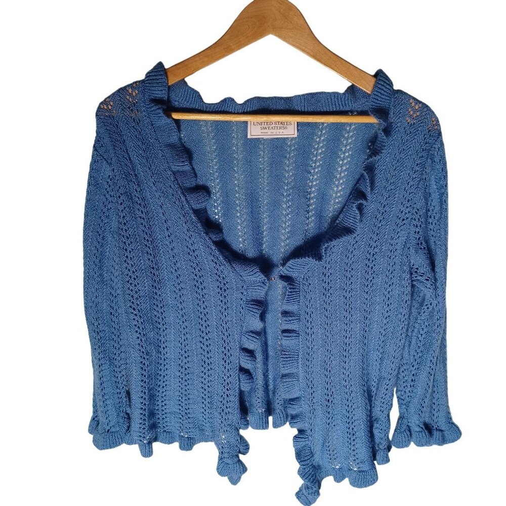 Vintage Knit Cardigan Sweater Womens Large Blue Cottagecore Ruffles Feminine